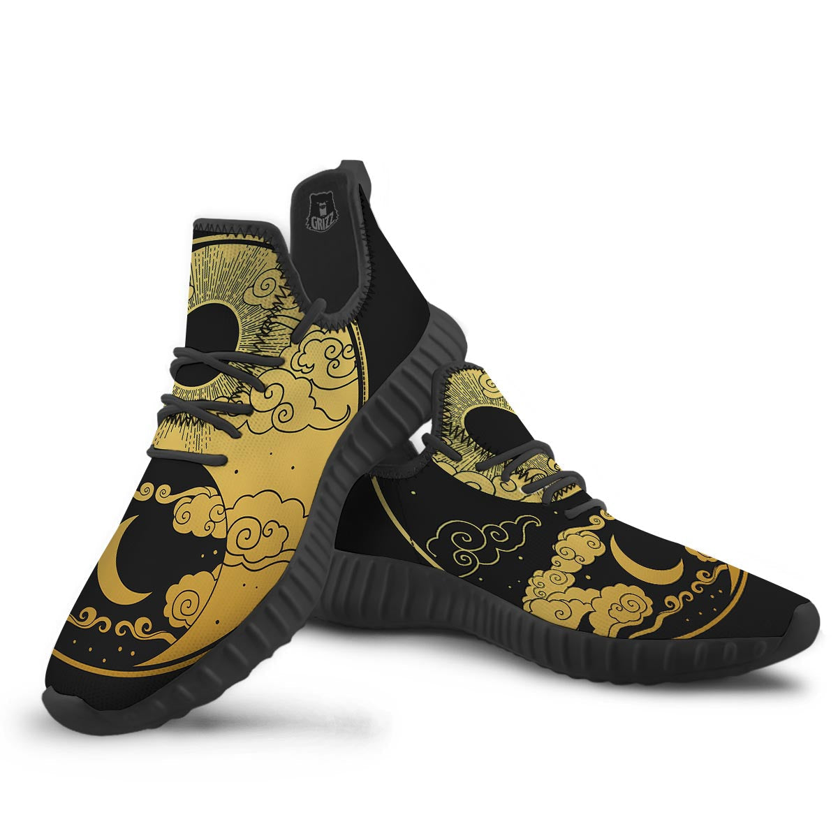 Yin Yang Moon And Sun Print Black Walking Shoes-grizzshop