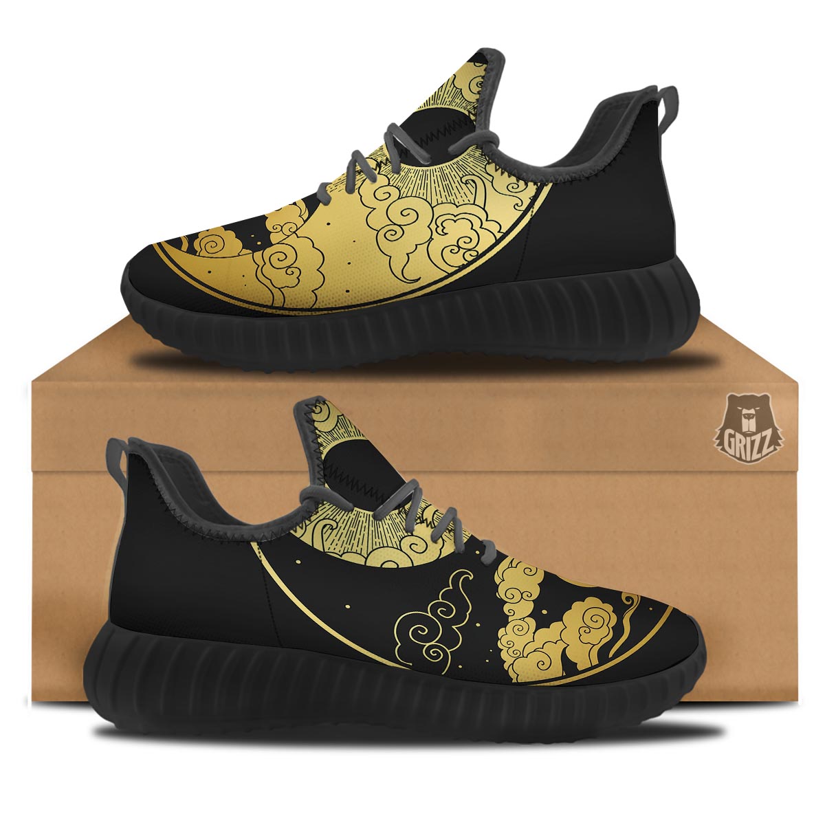 Yin Yang Moon And Sun Print Black Walking Shoes-grizzshop