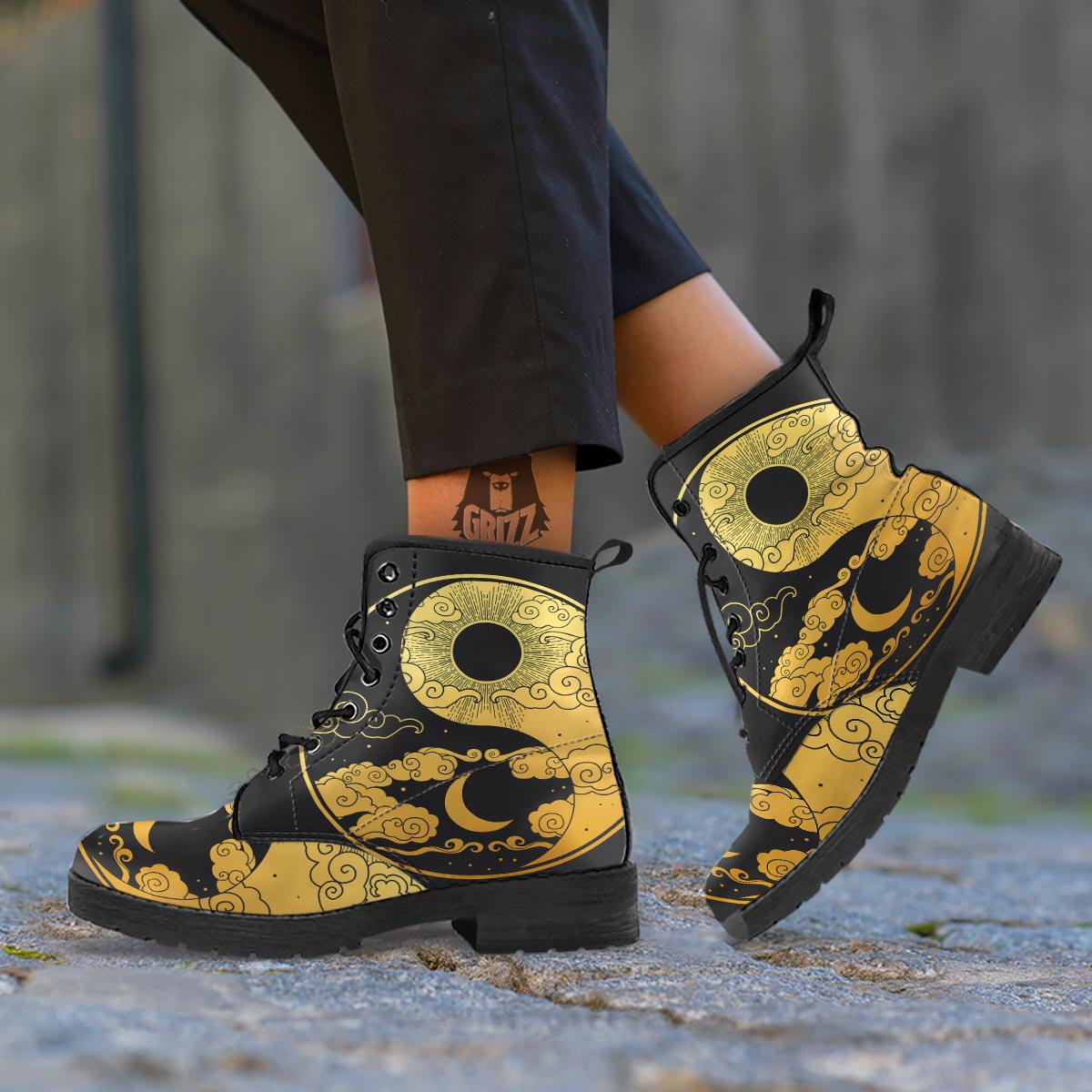 Yin Yang Moon And Sun Print Leather Boots-grizzshop