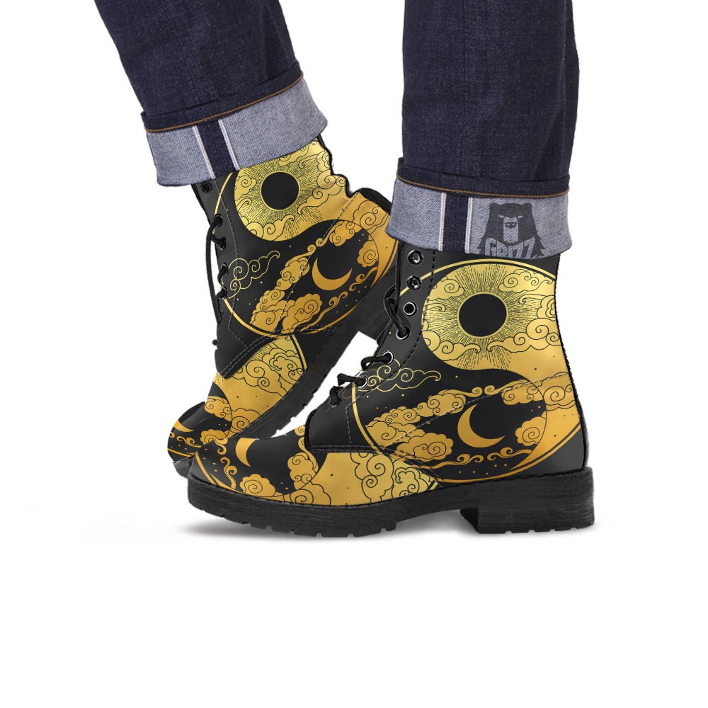 Yin Yang Moon And Sun Print Leather Boots-grizzshop