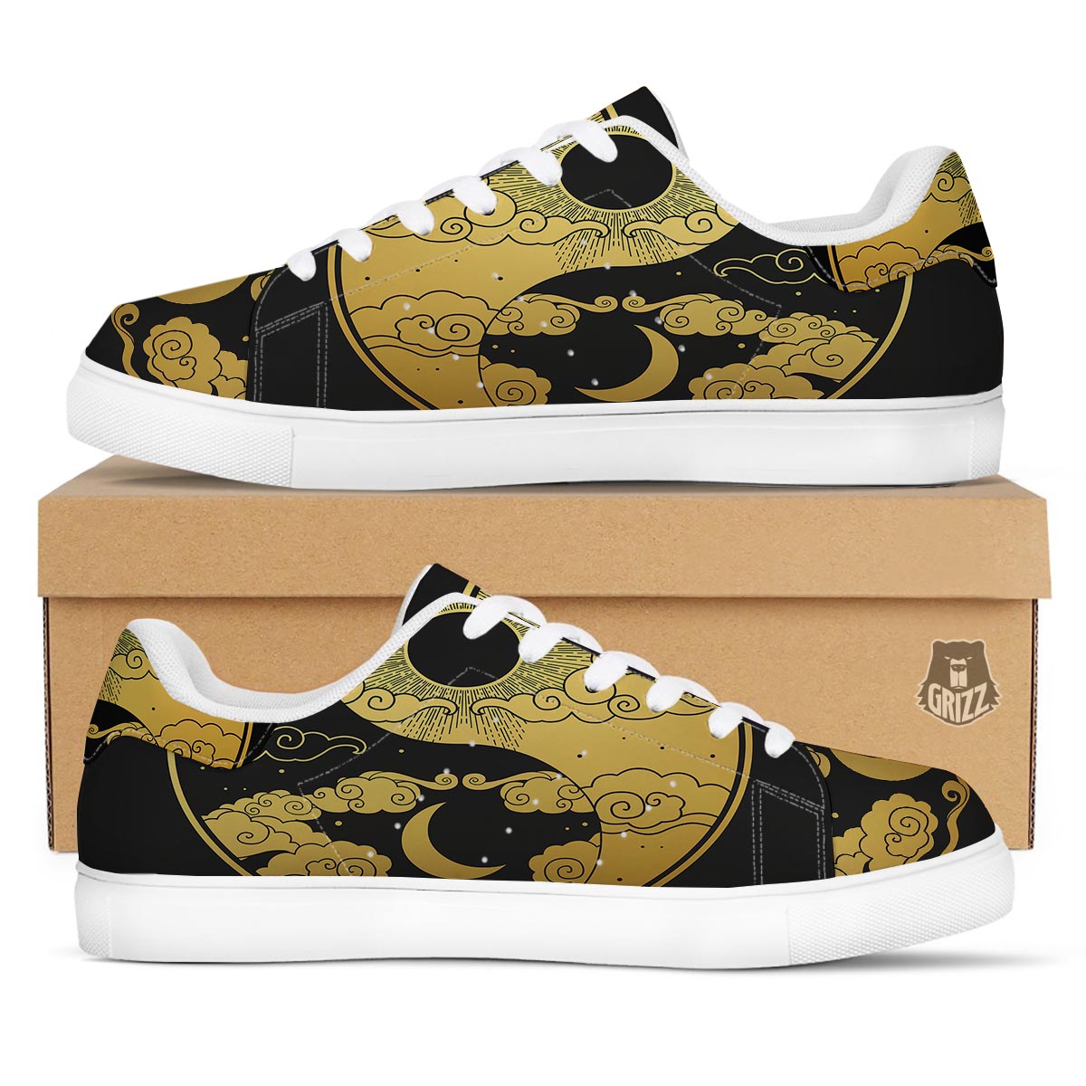 Yin Yang Moon And Sun Print White Low Top Sneakers-grizzshop