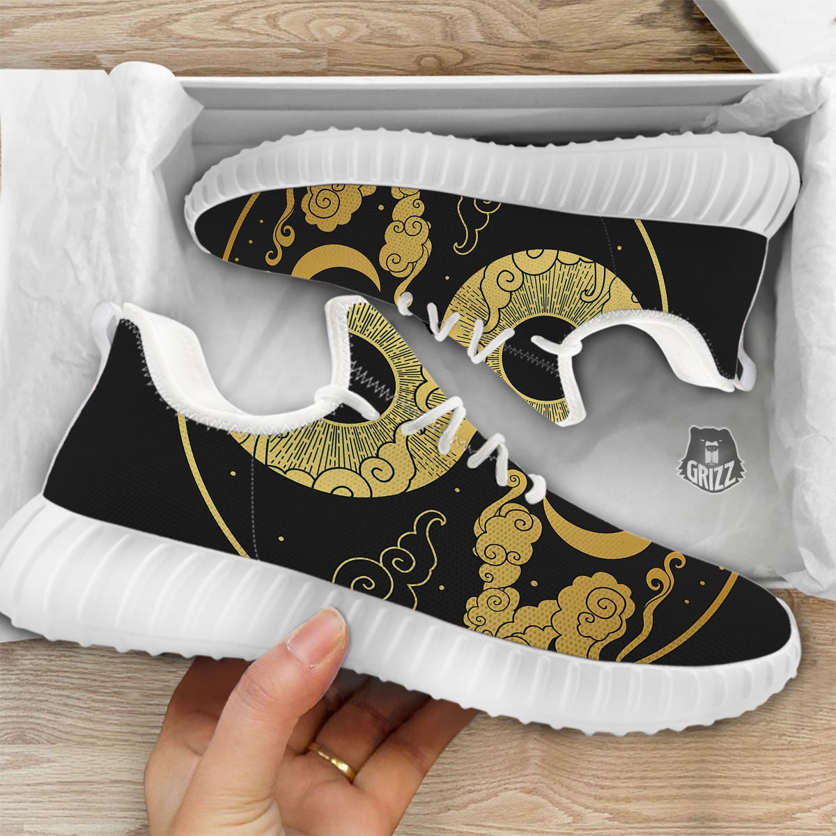 Yin Yang Moon And Sun Print White Walking Shoes-grizzshop