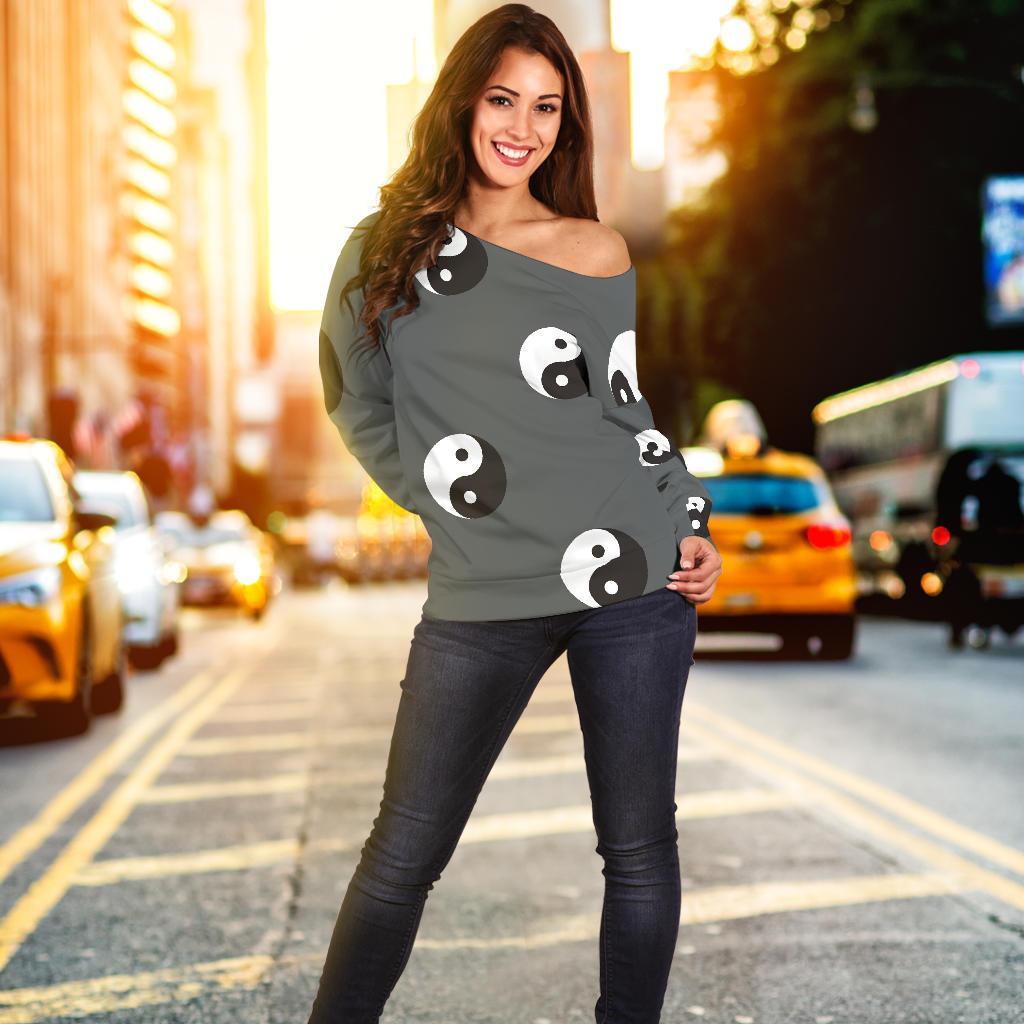 Yin Yang Pattern Print Women Off Shoulder Sweatshirt-grizzshop