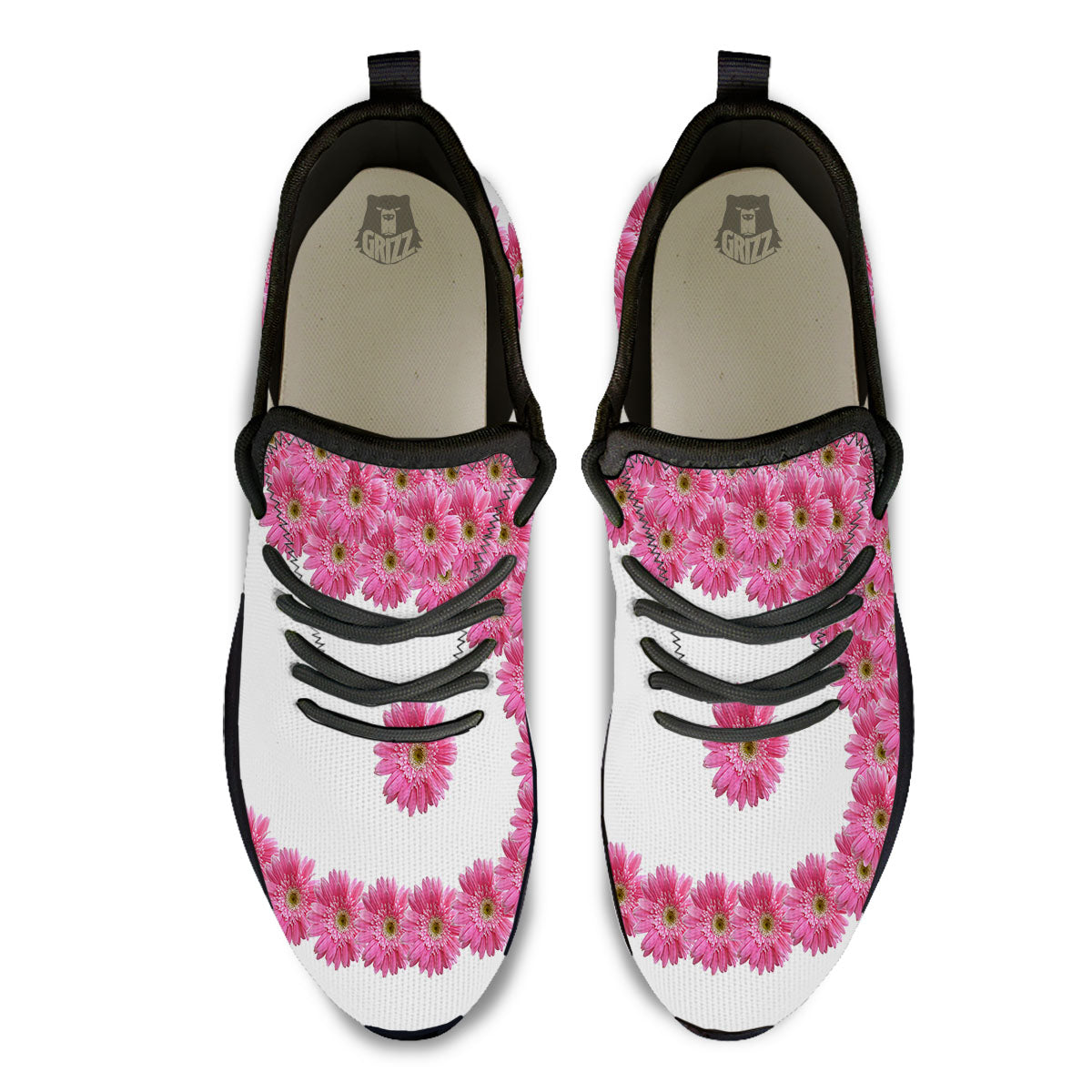 Yin Yang Pink Flowers Print Black Athletic Shoes-grizzshop