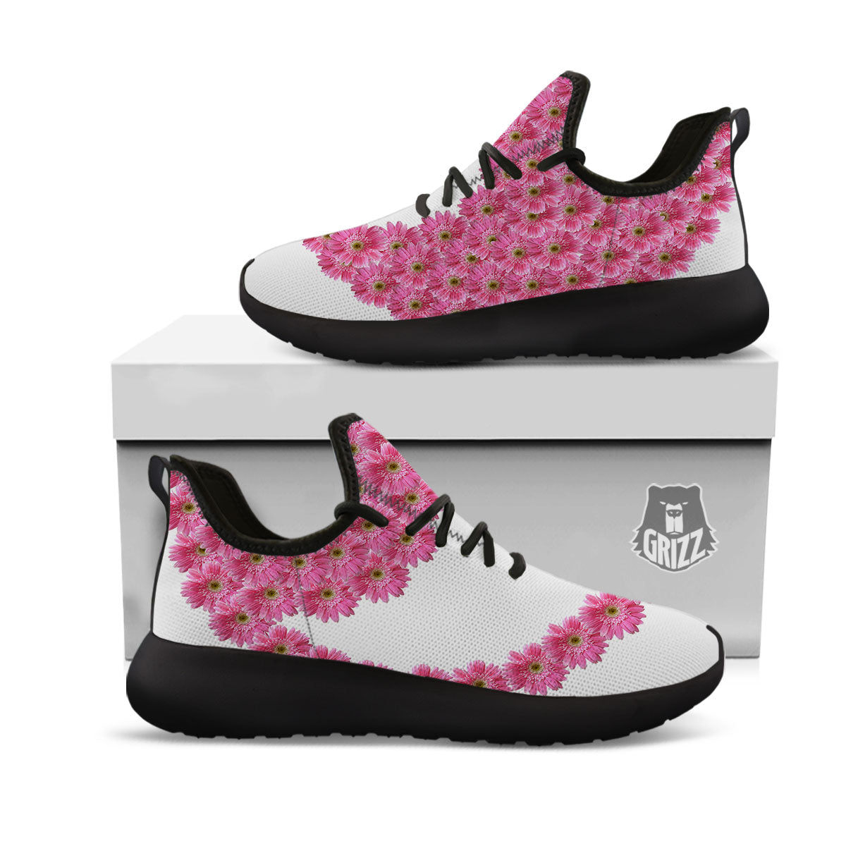 Yin Yang Pink Flowers Print Black Athletic Shoes-grizzshop
