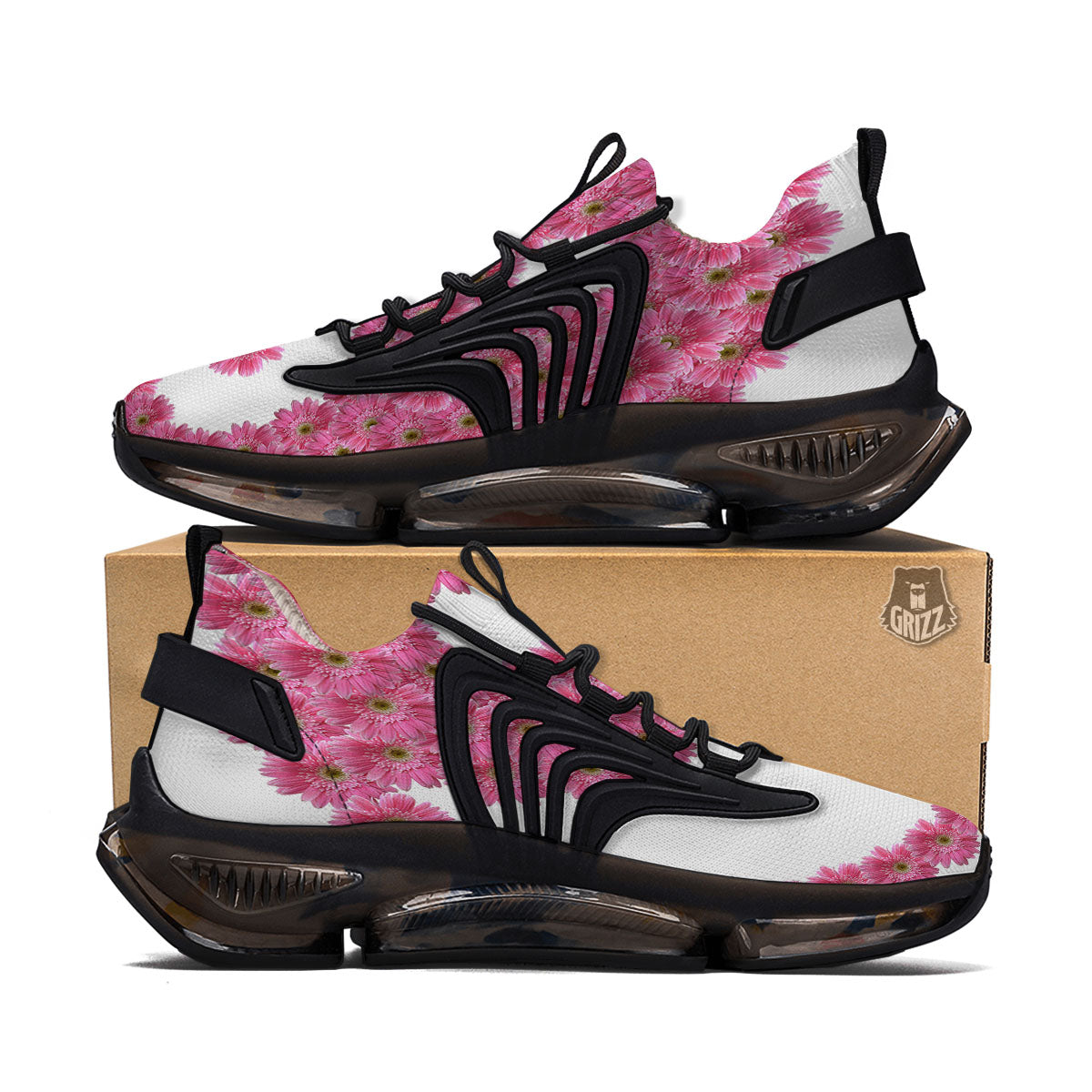 Yin Yang Pink Flowers Print Black Gym Shoes-grizzshop