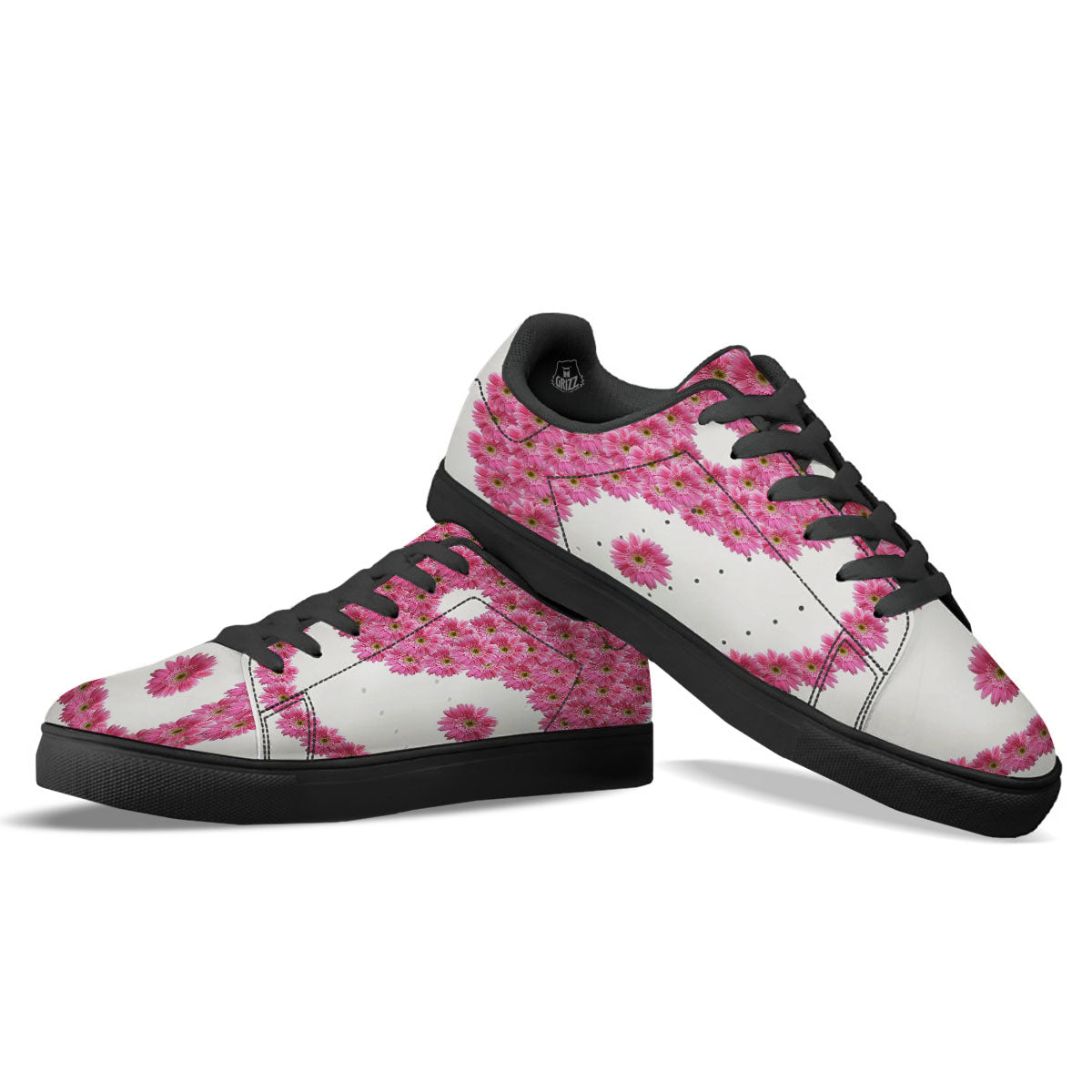 Yin Yang Pink Flowers Print Black Low Top Sneakers-grizzshop