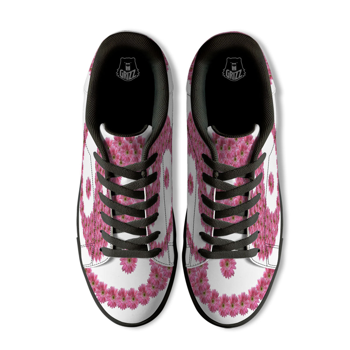 Yin Yang Pink Flowers Print Black Low Top Sneakers-grizzshop