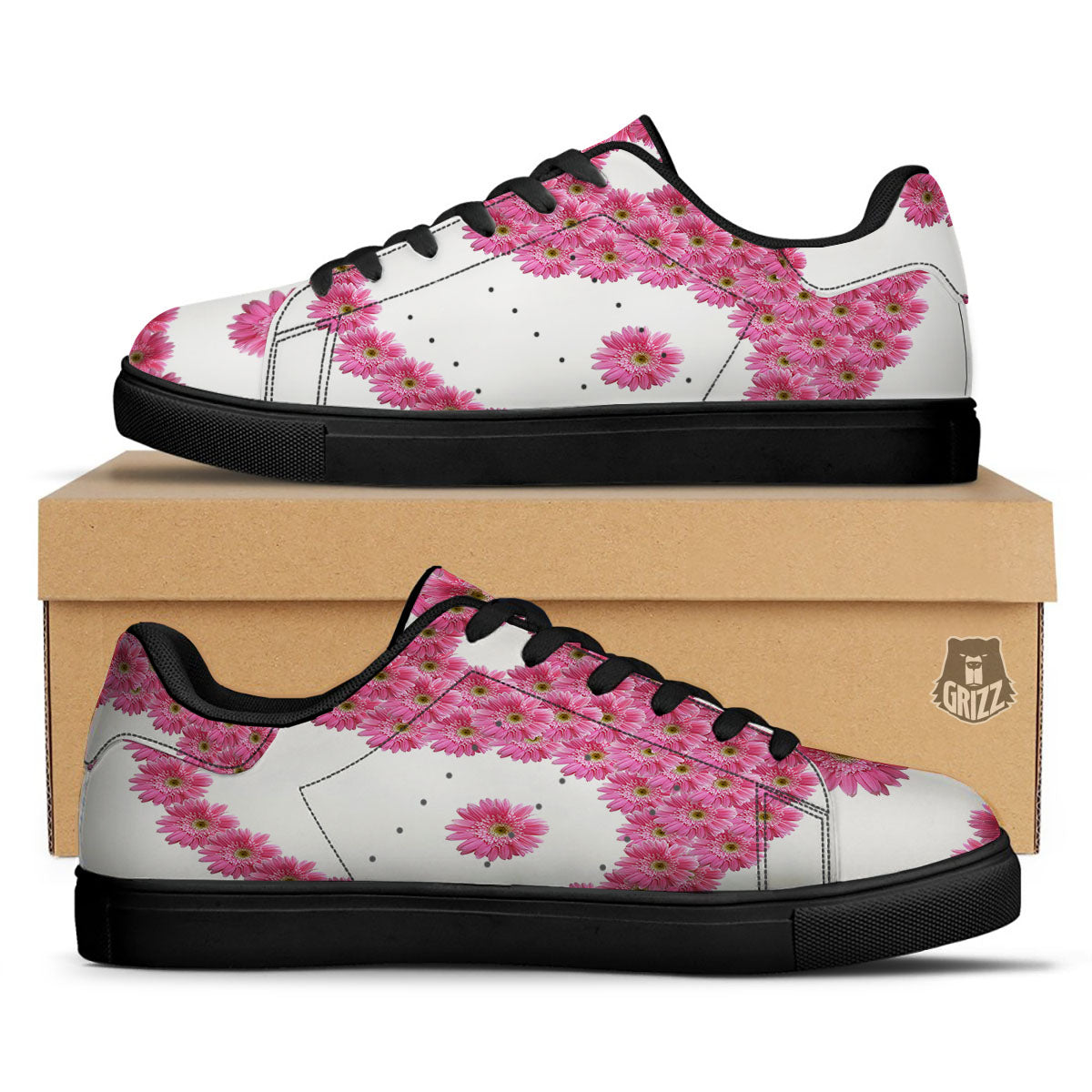 Yin Yang Pink Flowers Print Black Low Top Sneakers-grizzshop