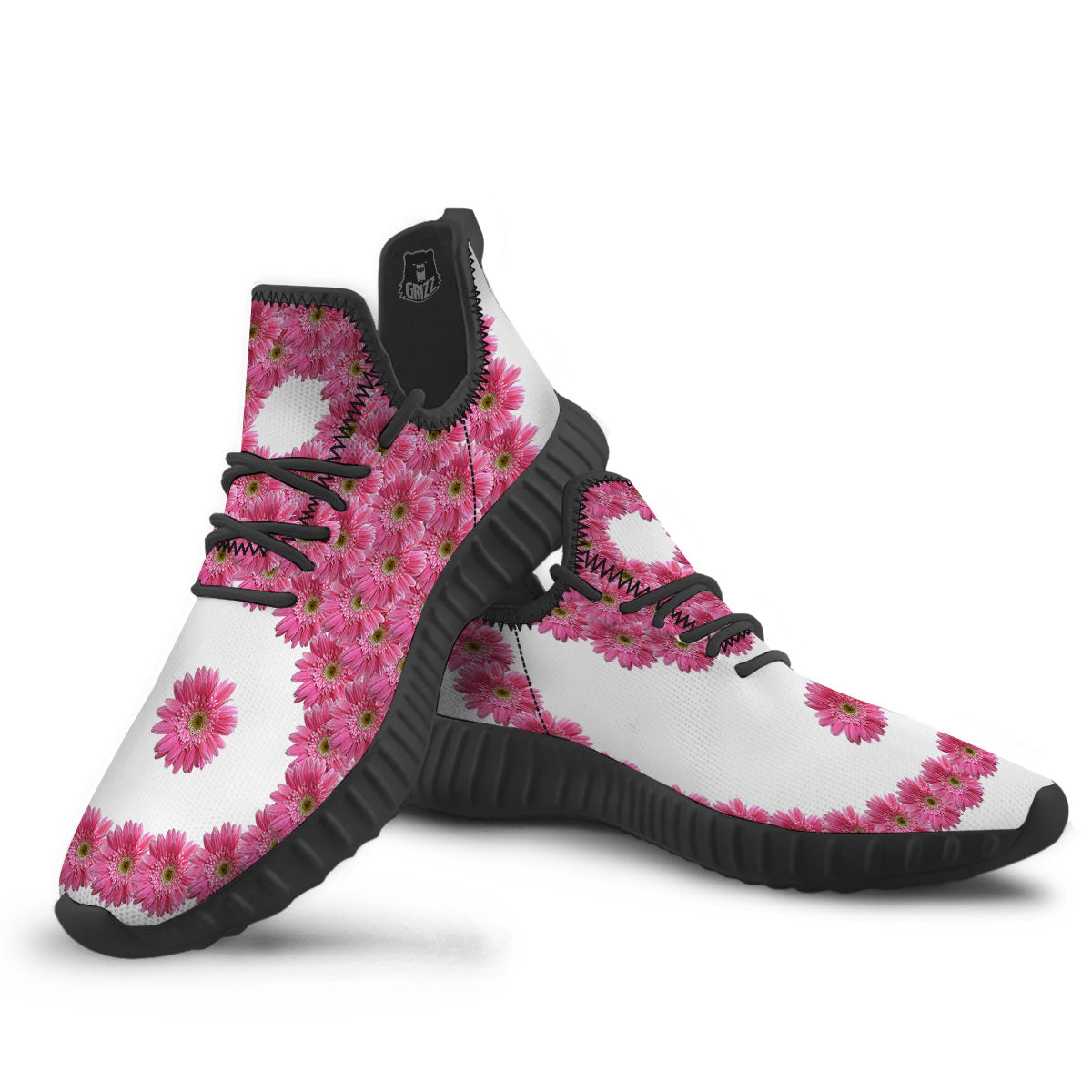 Yin Yang Pink Flowers Print Black Walking Shoes-grizzshop