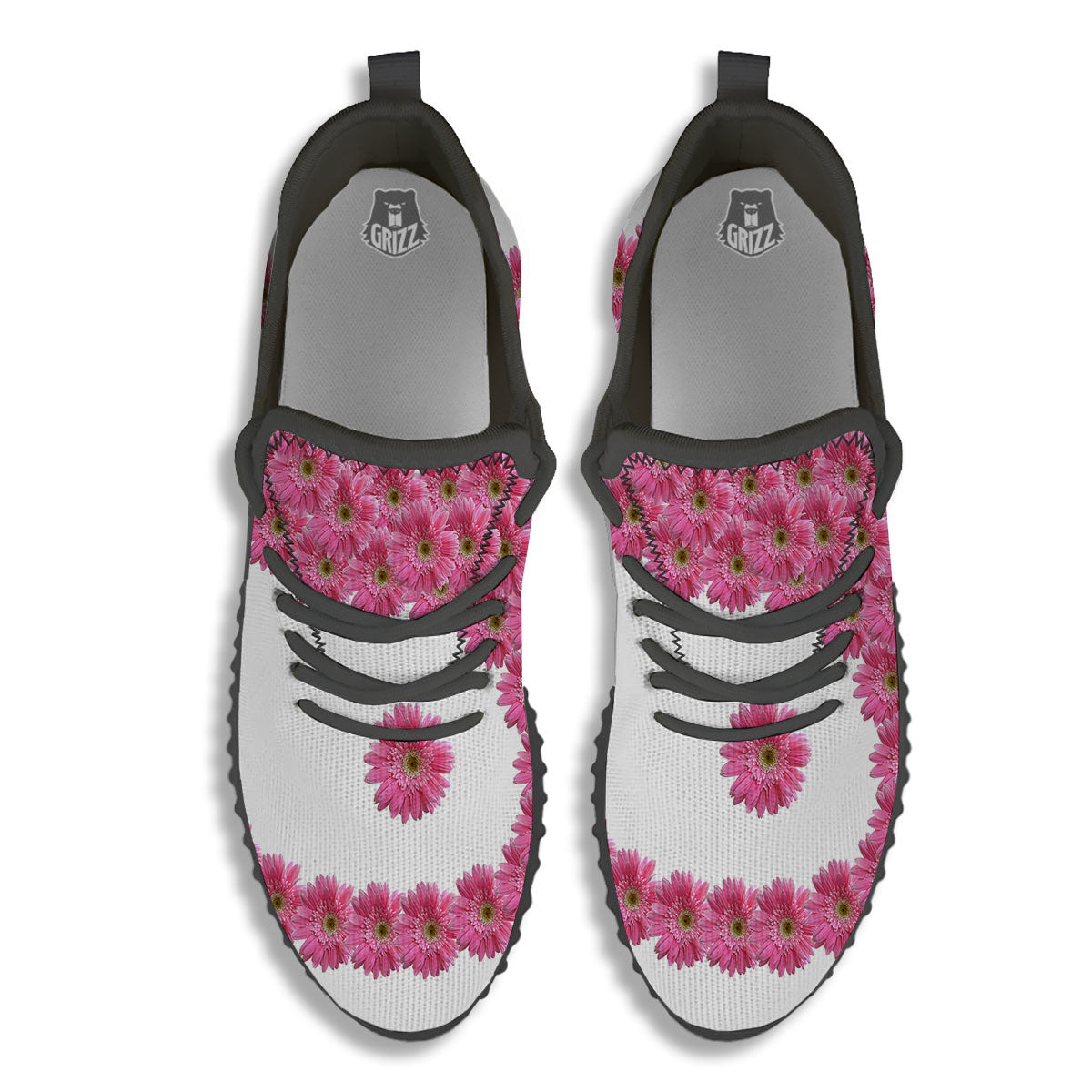 Yin Yang Pink Flowers Print Black Walking Shoes-grizzshop