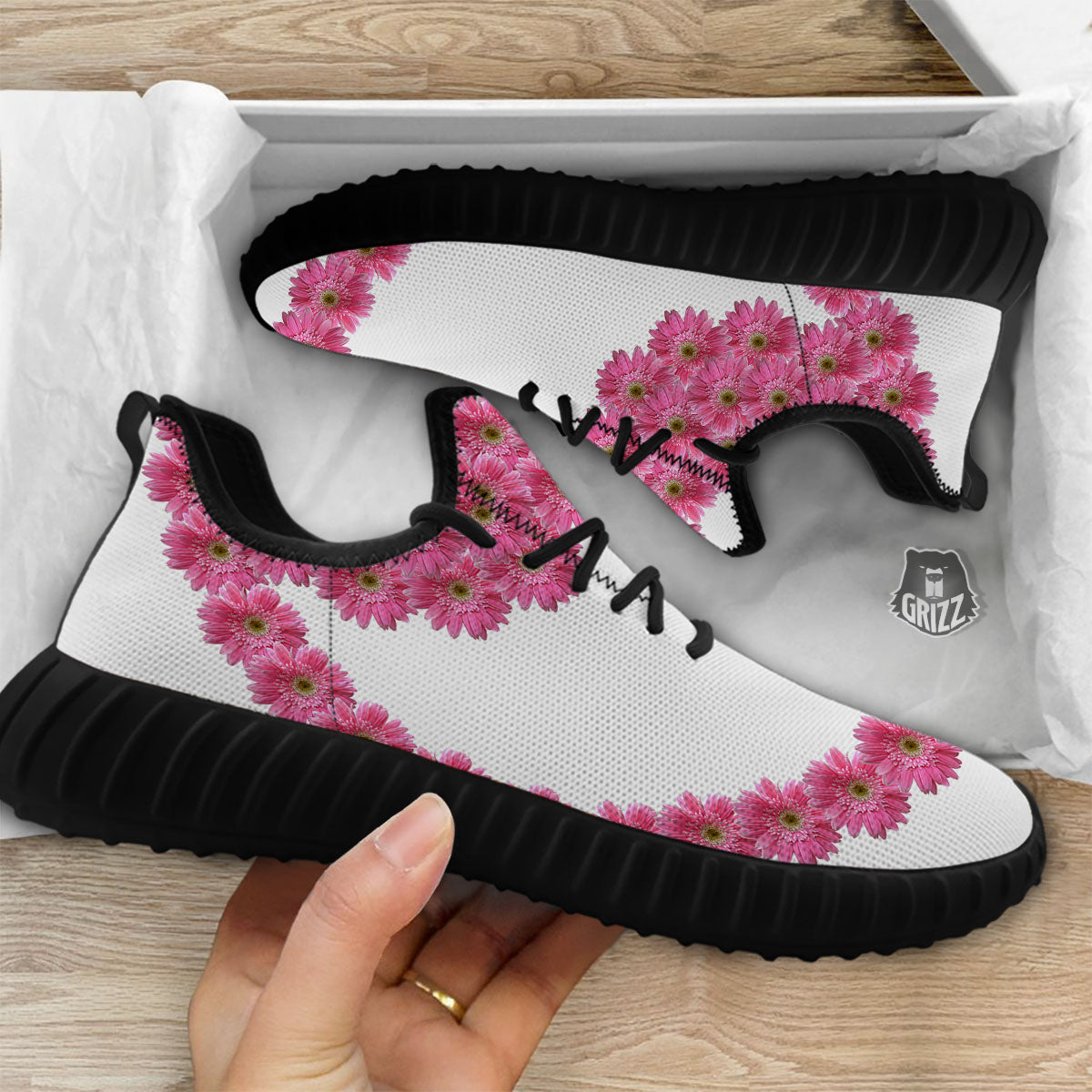 Yin Yang Pink Flowers Print Black Walking Shoes-grizzshop