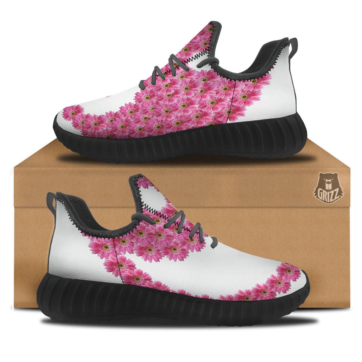Yin Yang Pink Flowers Print Black Walking Shoes-grizzshop
