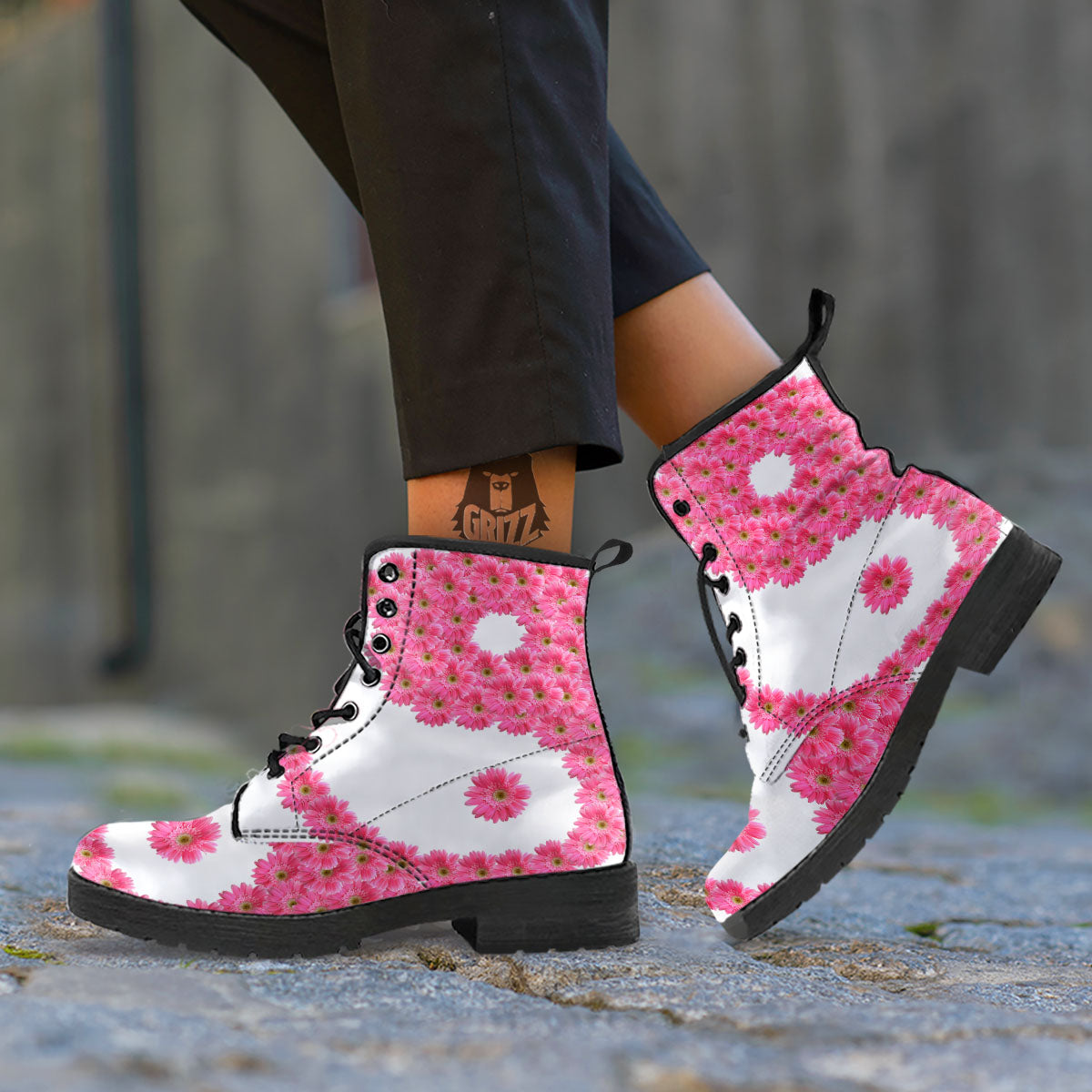 Yin Yang Pink Flowers Print Leather Boots-grizzshop