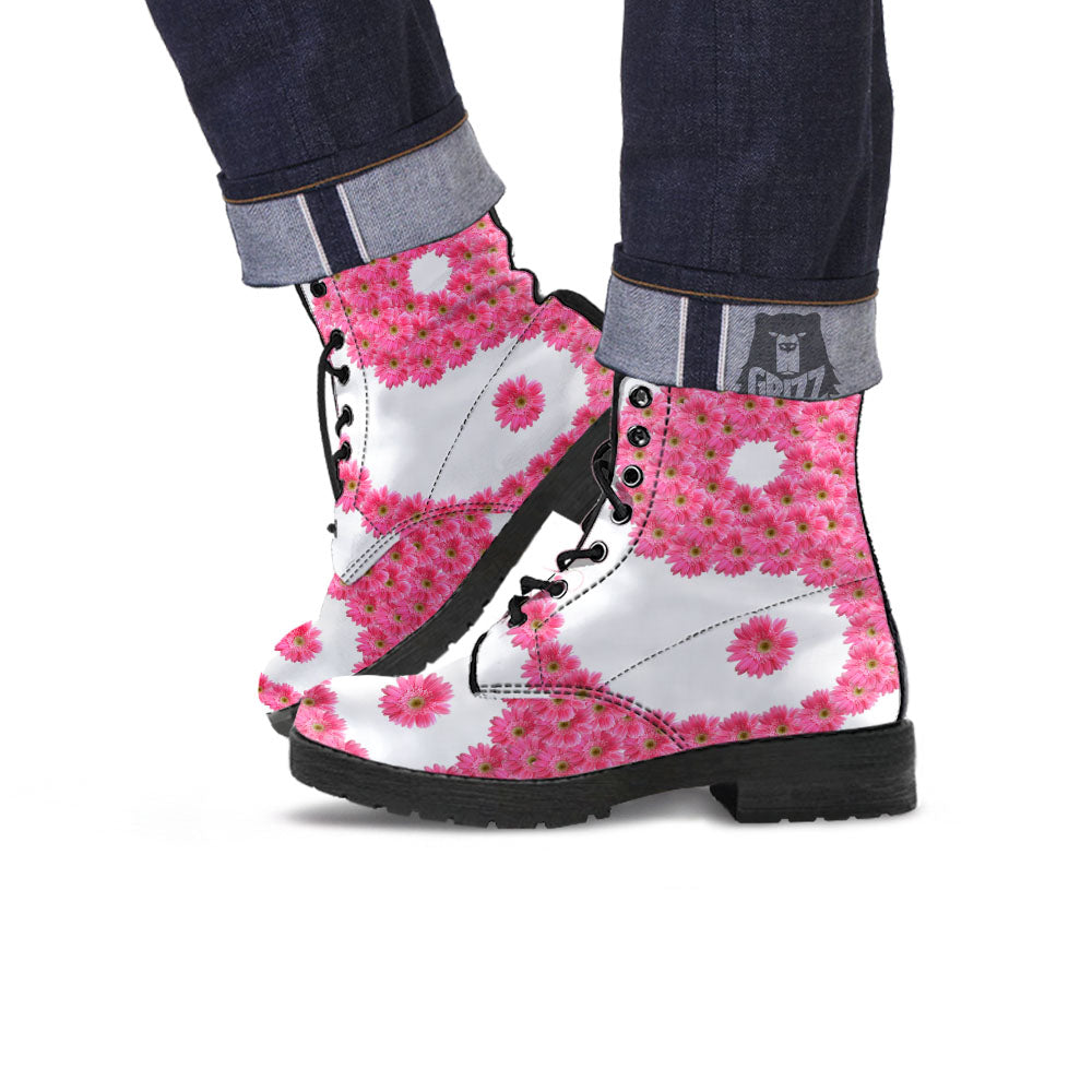 Yin Yang Pink Flowers Print Leather Boots-grizzshop