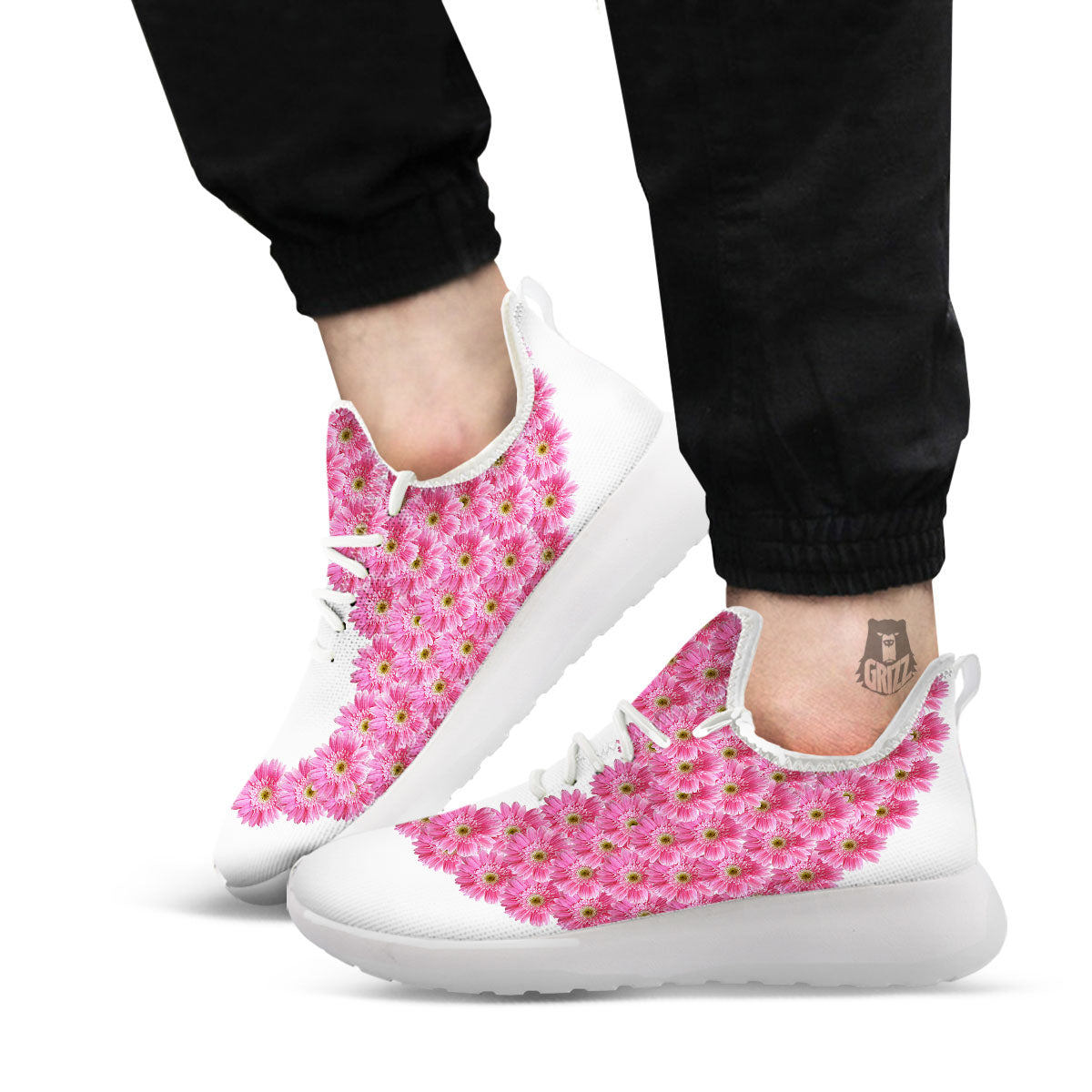 Yin Yang Pink Flowers Print White Athletic Shoes-grizzshop