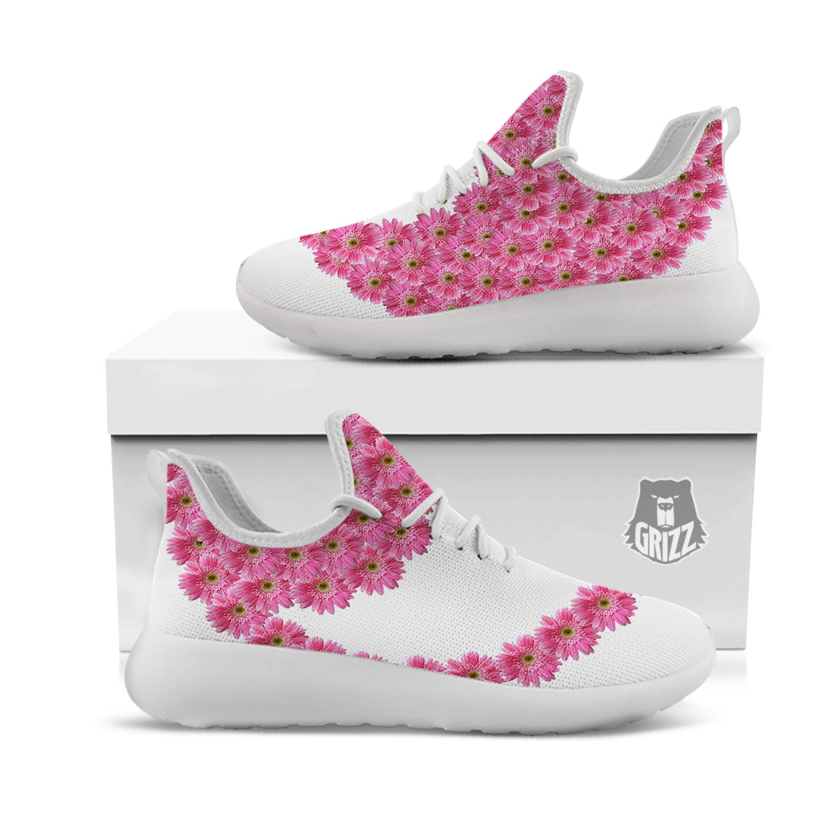 Yin Yang Pink Flowers Print White Athletic Shoes-grizzshop