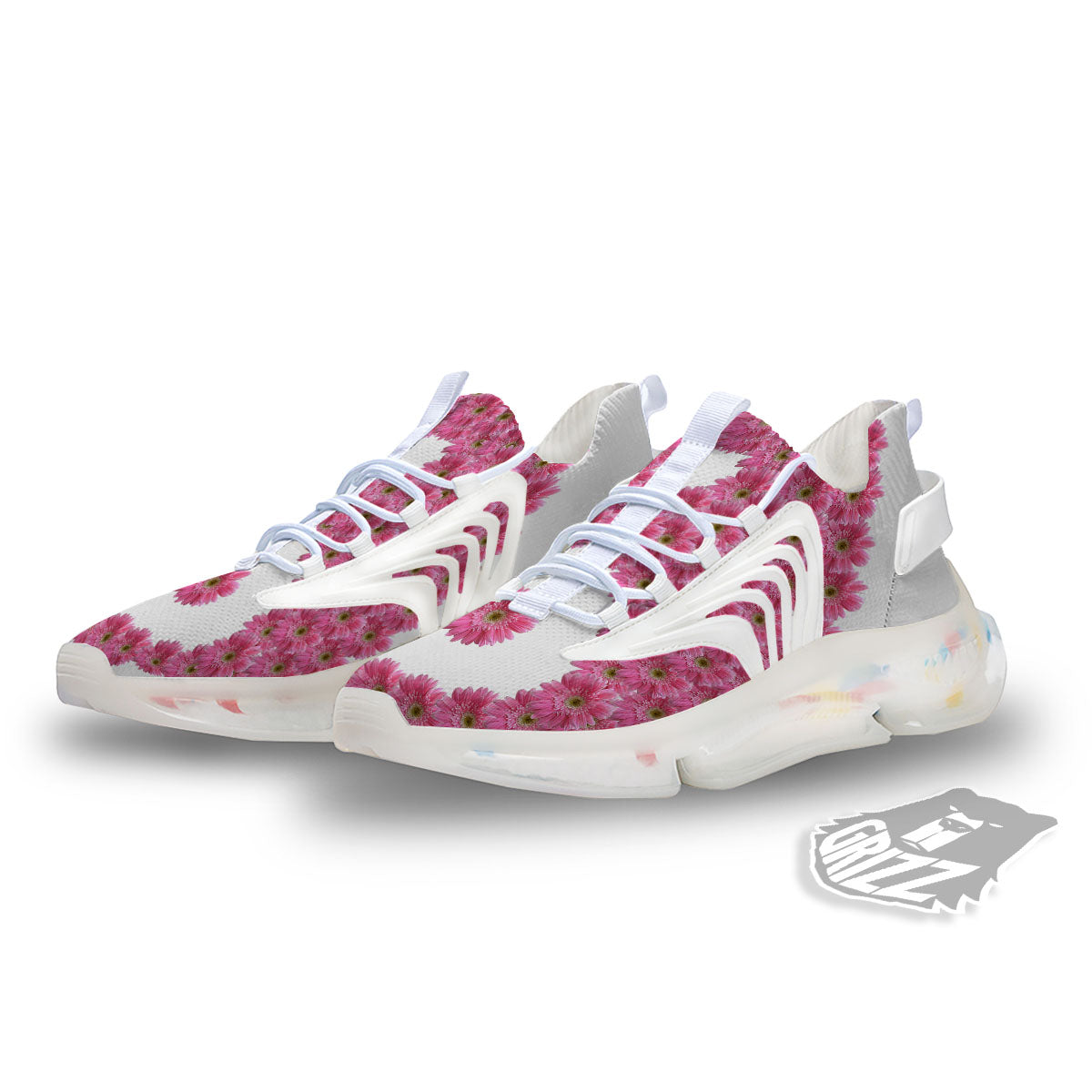 Yin Yang Pink Flowers Print White Gym Shoes-grizzshop