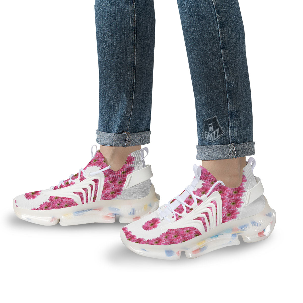 Yin Yang Pink Flowers Print White Gym Shoes-grizzshop