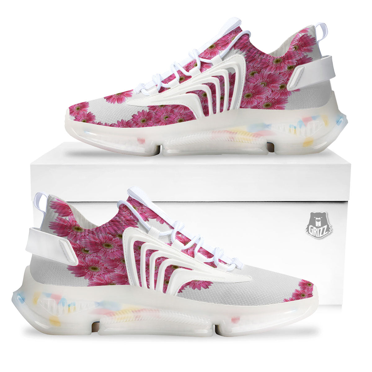 Yin Yang Pink Flowers Print White Gym Shoes-grizzshop