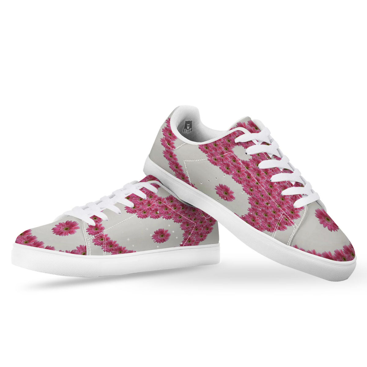 Yin Yang Pink Flowers Print White Low Top Sneakers-grizzshop