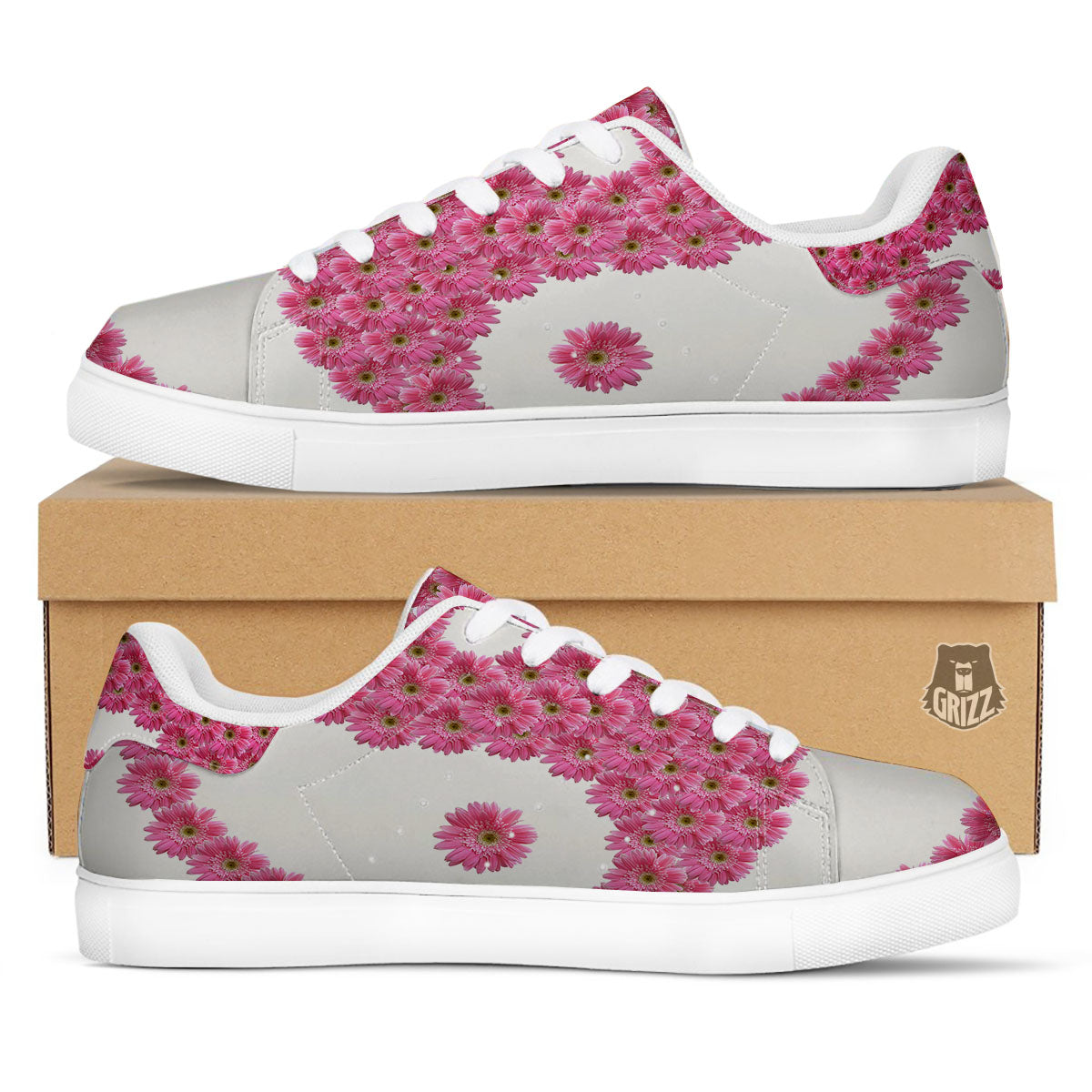 Yin Yang Pink Flowers Print White Low Top Sneakers-grizzshop