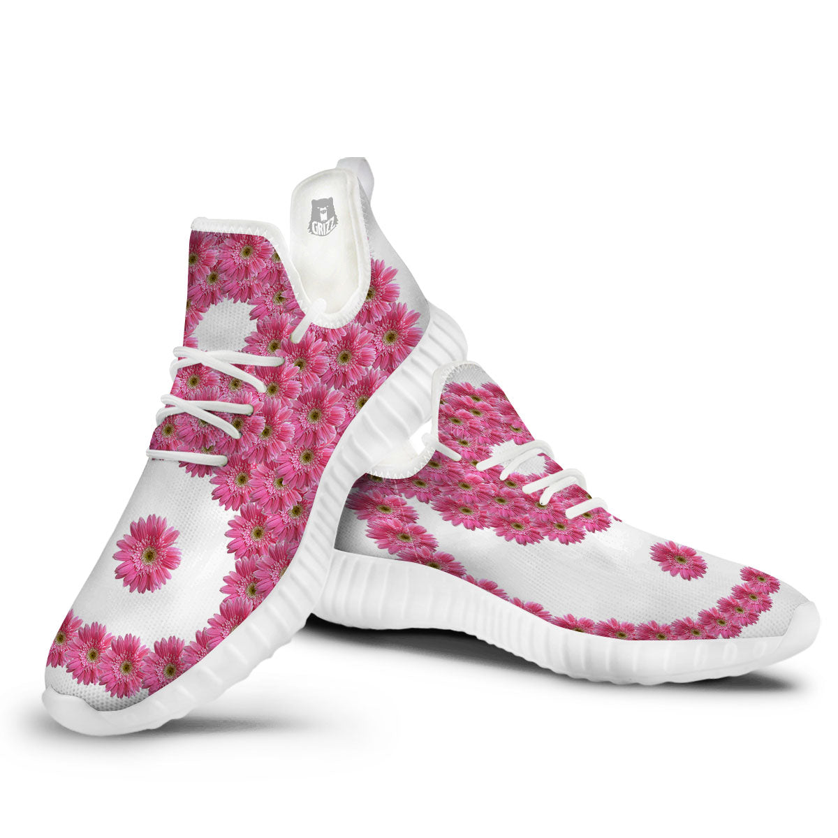 Yin Yang Pink Flowers Print White Walking Shoes-grizzshop