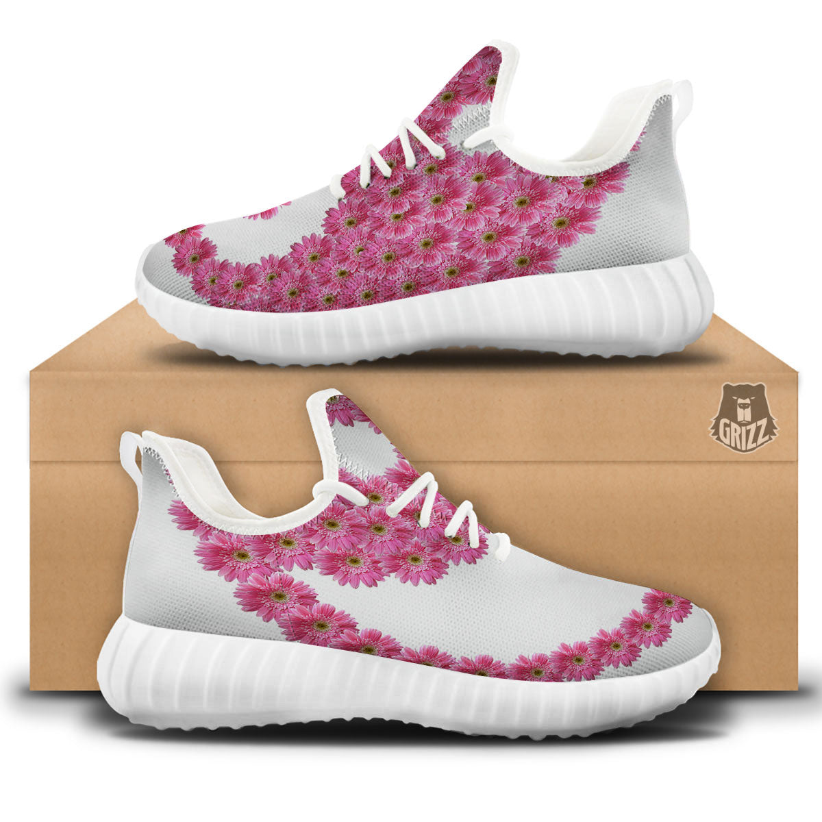 Yin Yang Pink Flowers Print White Walking Shoes-grizzshop