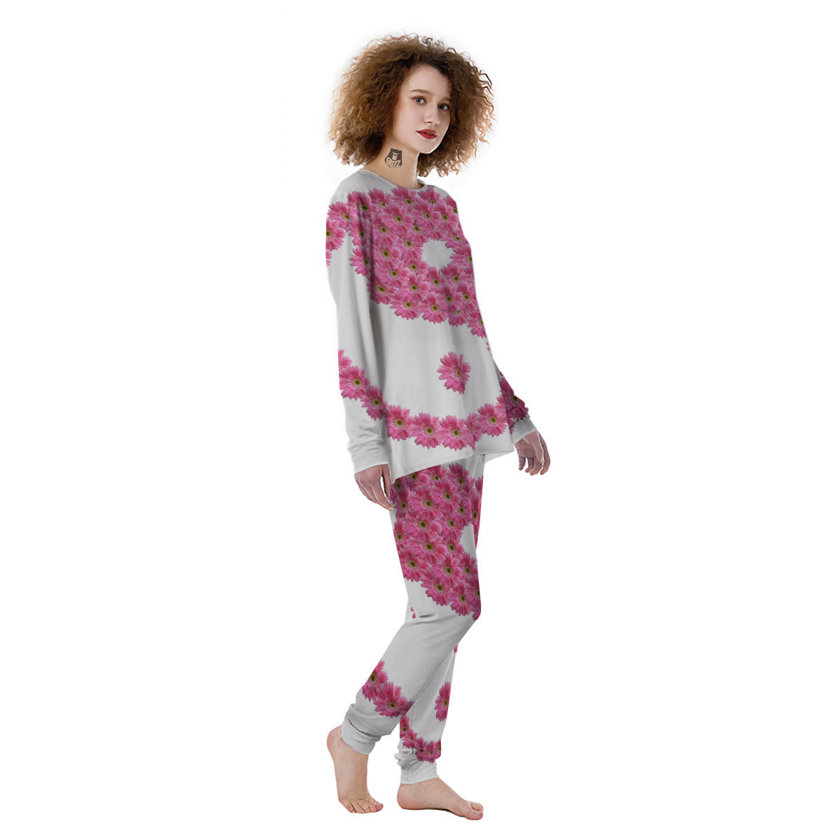 Yin Yang Pink Flowers Print Women's Pajamas-grizzshop