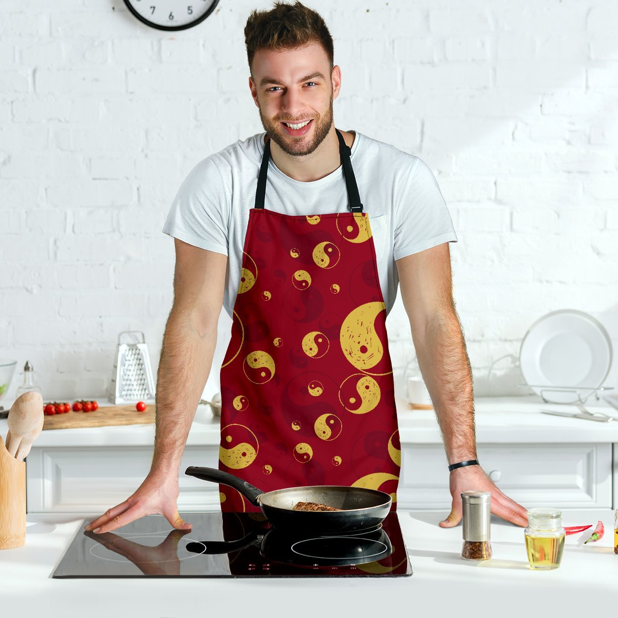 Yin Yang Red Pattern Print Men's Apron-grizzshop