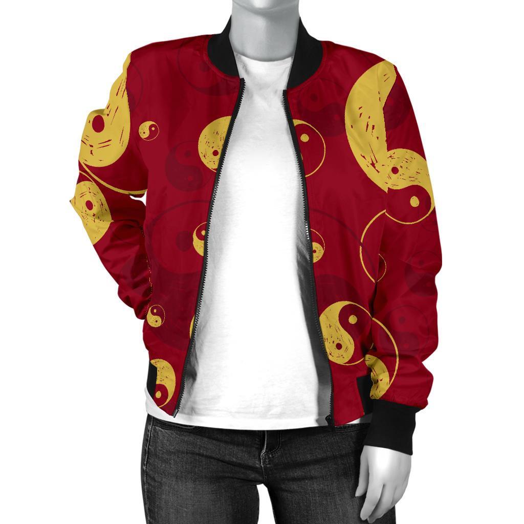 Yin Yang Red Pattern Print Women Casual Bomber Jacket-grizzshop