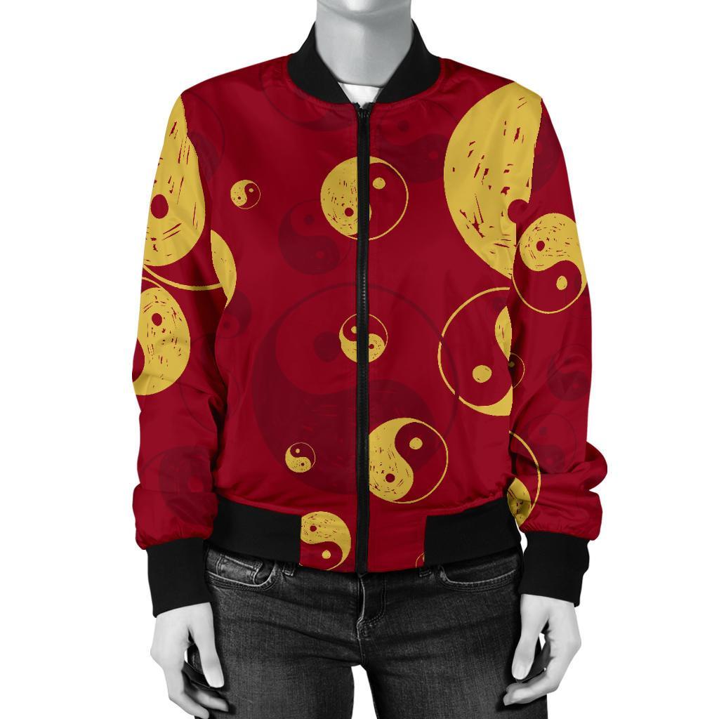 Yin Yang Red Pattern Print Women Casual Bomber Jacket-grizzshop