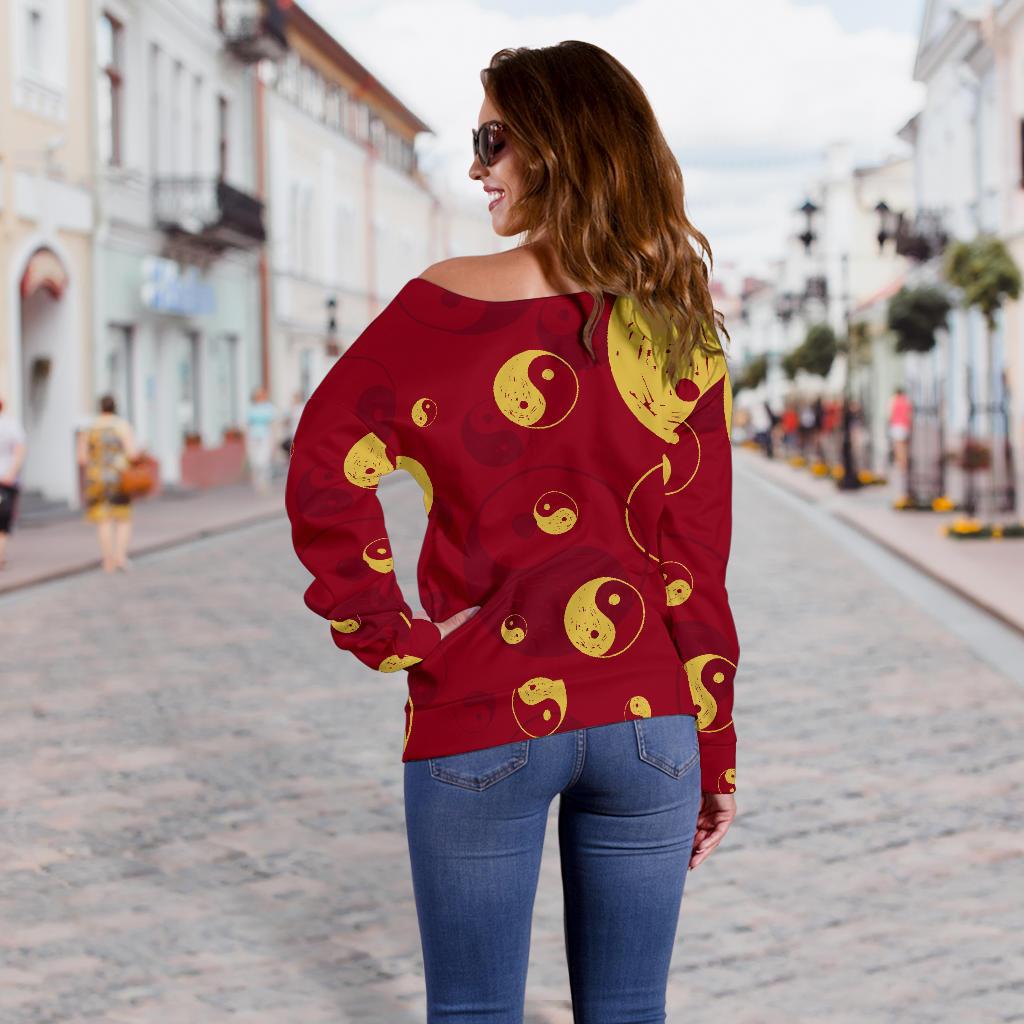 Yin Yang Red Pattern Print Women Off Shoulder Sweatshirt-grizzshop