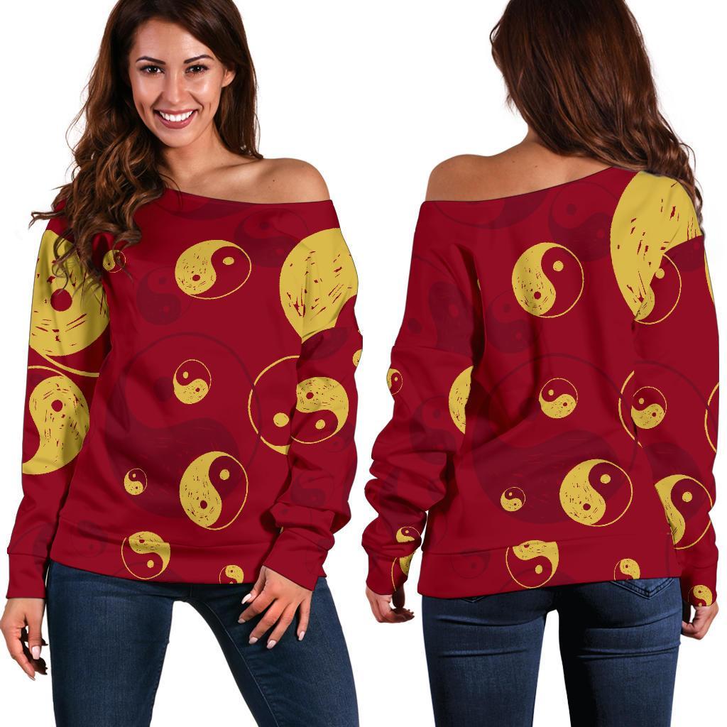 Yin Yang Red Pattern Print Women Off Shoulder Sweatshirt-grizzshop