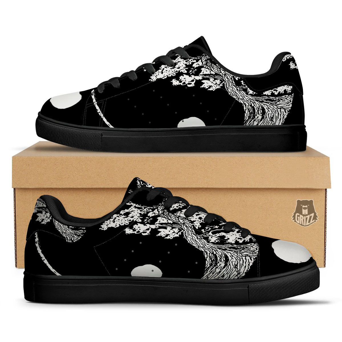 Yin Yang Roots Print Black Low Top Sneakers-grizzshop