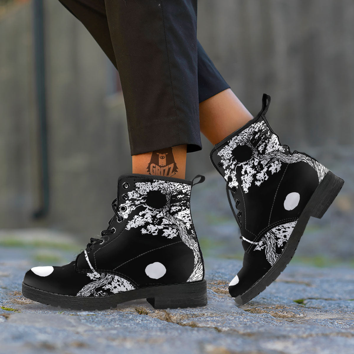 Yin Yang Roots Print Leather Boots-grizzshop