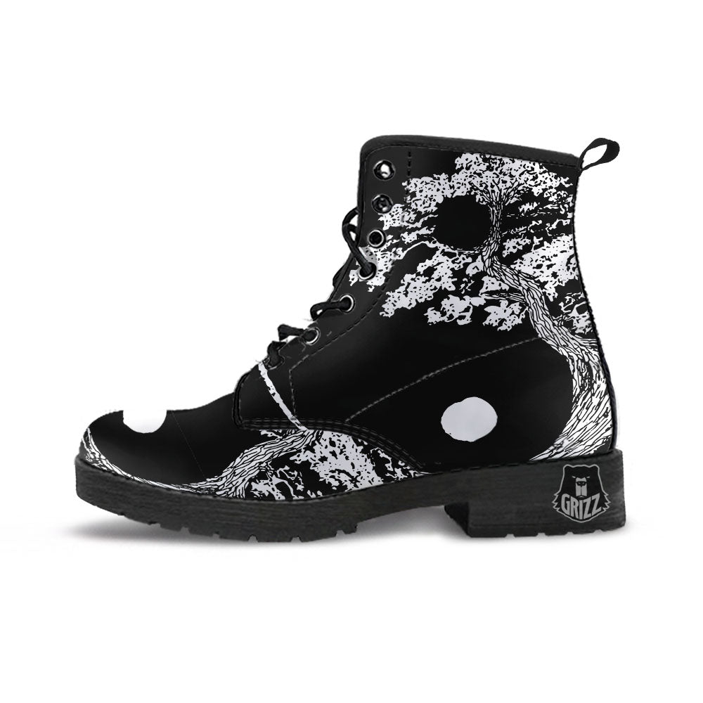 Yin Yang Roots Print Leather Boots-grizzshop