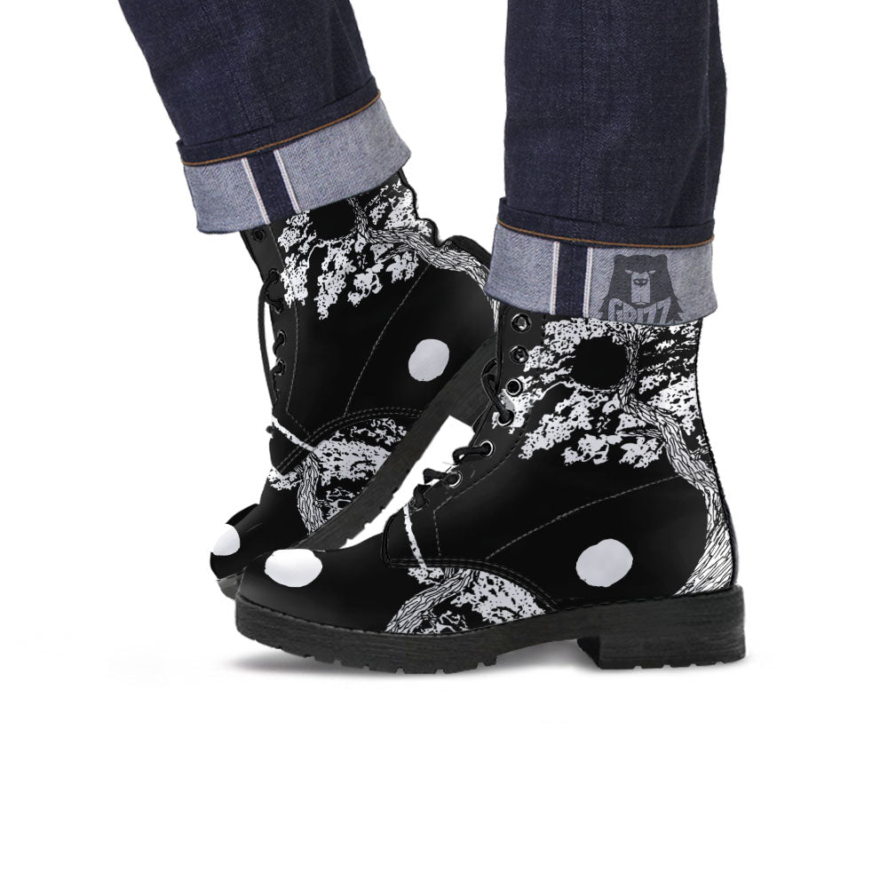 Yin Yang Roots Print Leather Boots-grizzshop