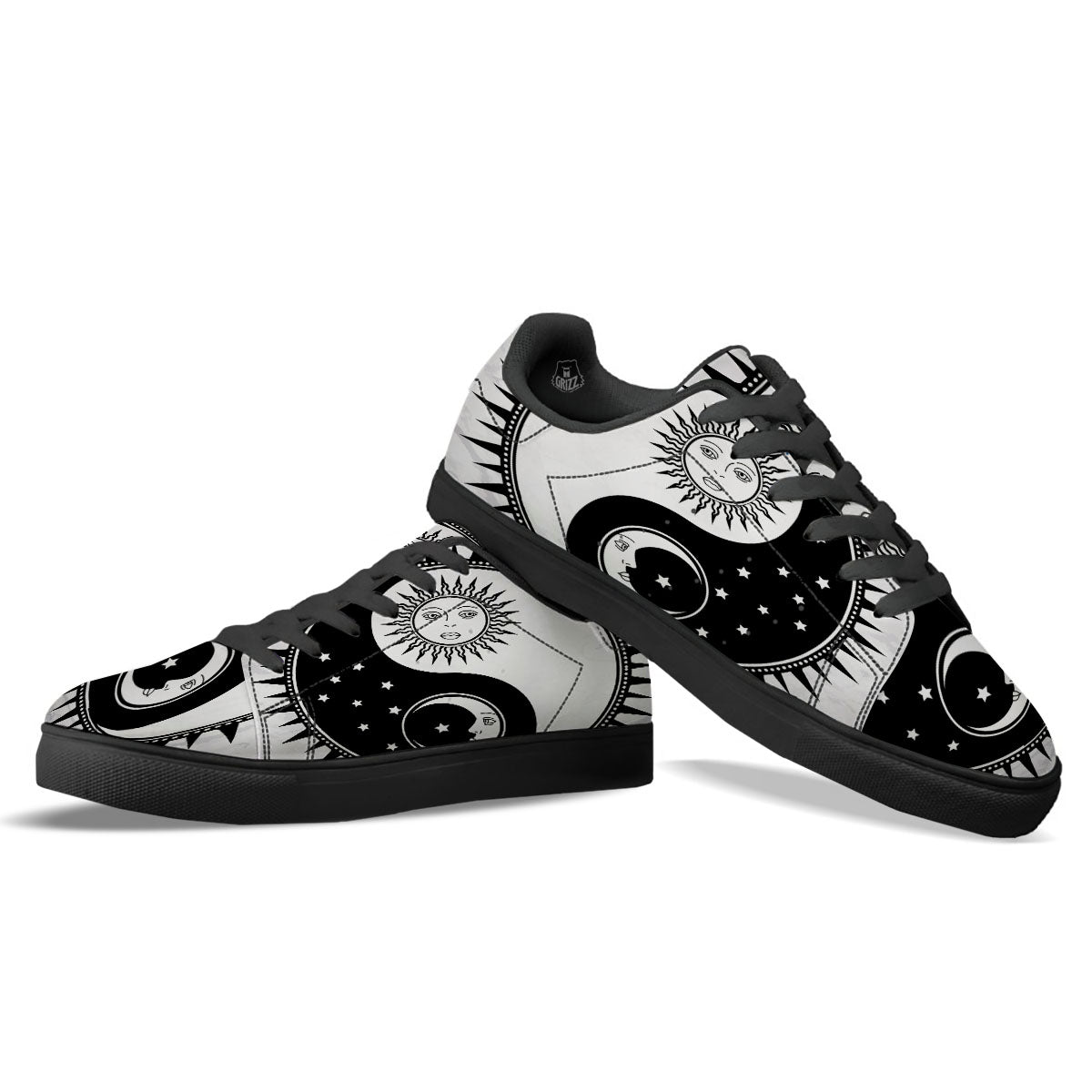 Yin Yang Sun White And Black Print Black Low Top Sneakers-grizzshop