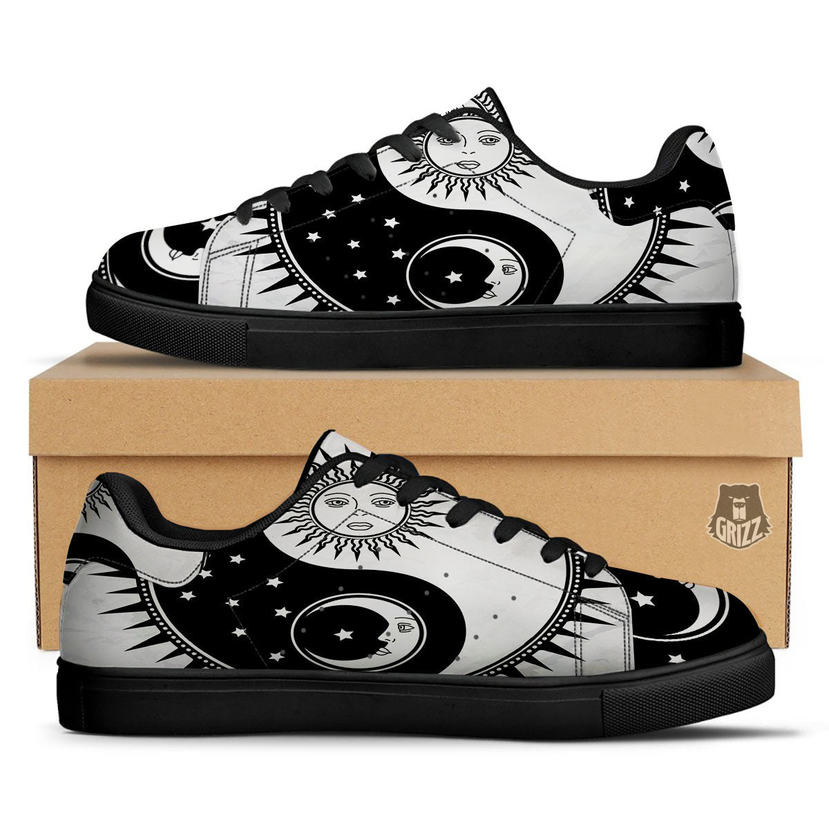 Yin Yang Sun White And Black Print Black Low Top Sneakers-grizzshop
