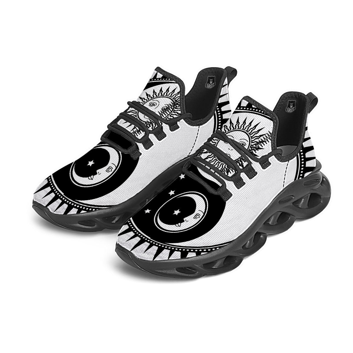 Yin Yang Sun White And Black Print Black Running Shoes-grizzshop