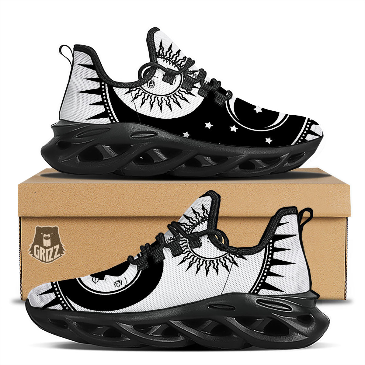 Yin Yang Sun White And Black Print Black Running Shoes-grizzshop