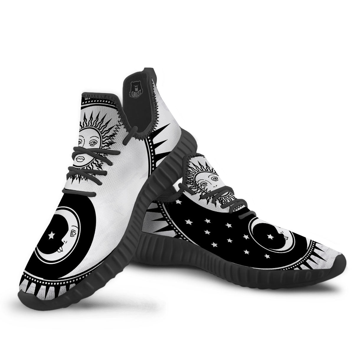 Yin Yang Sun White And Black Print Black Walking Shoes-grizzshop