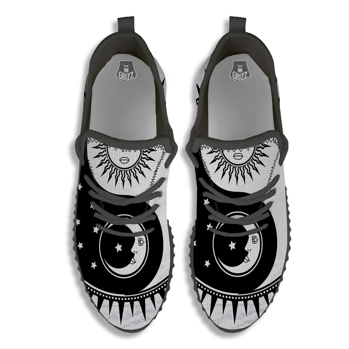 Yin Yang Sun White And Black Print Black Walking Shoes-grizzshop
