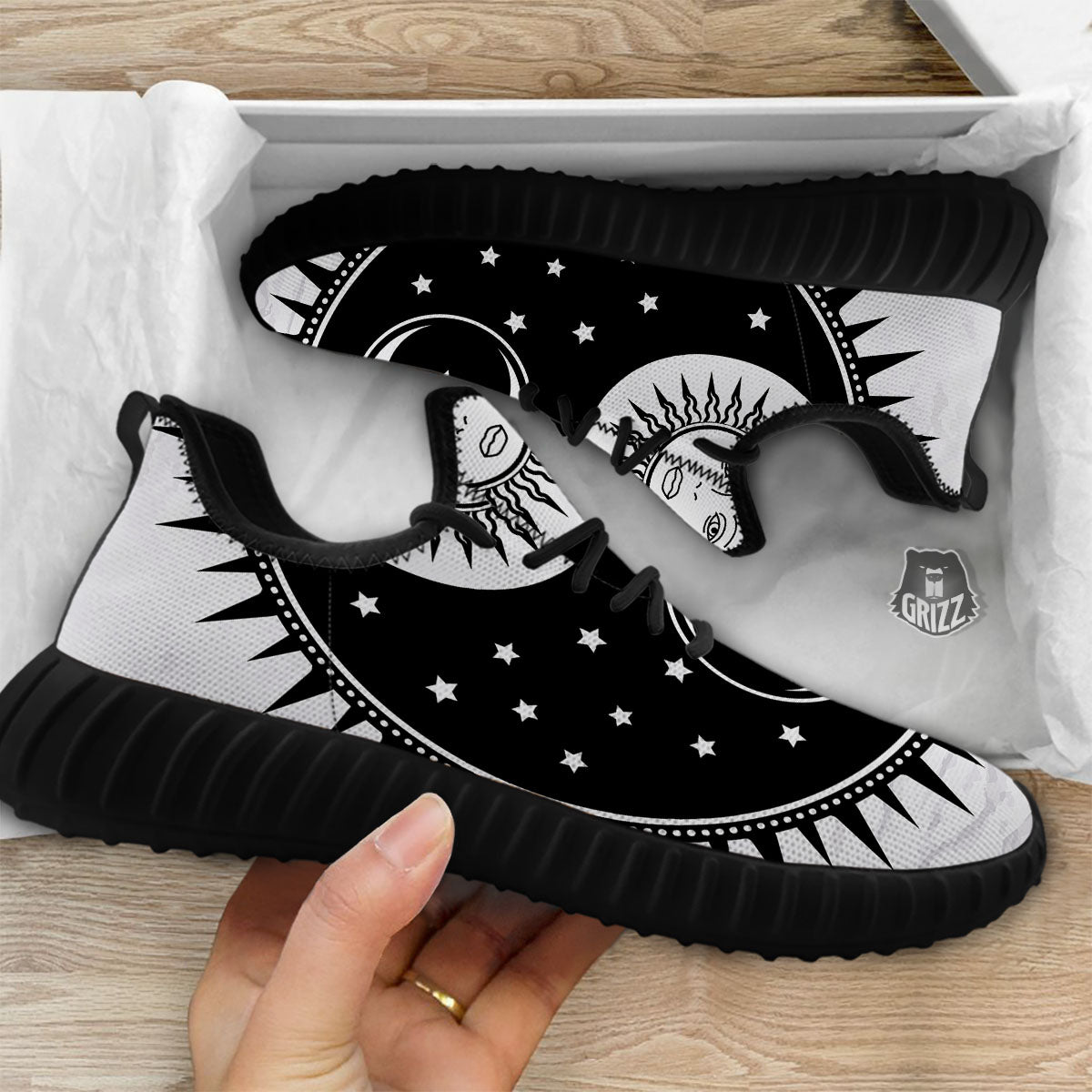 Yin Yang Sun White And Black Print Black Walking Shoes-grizzshop