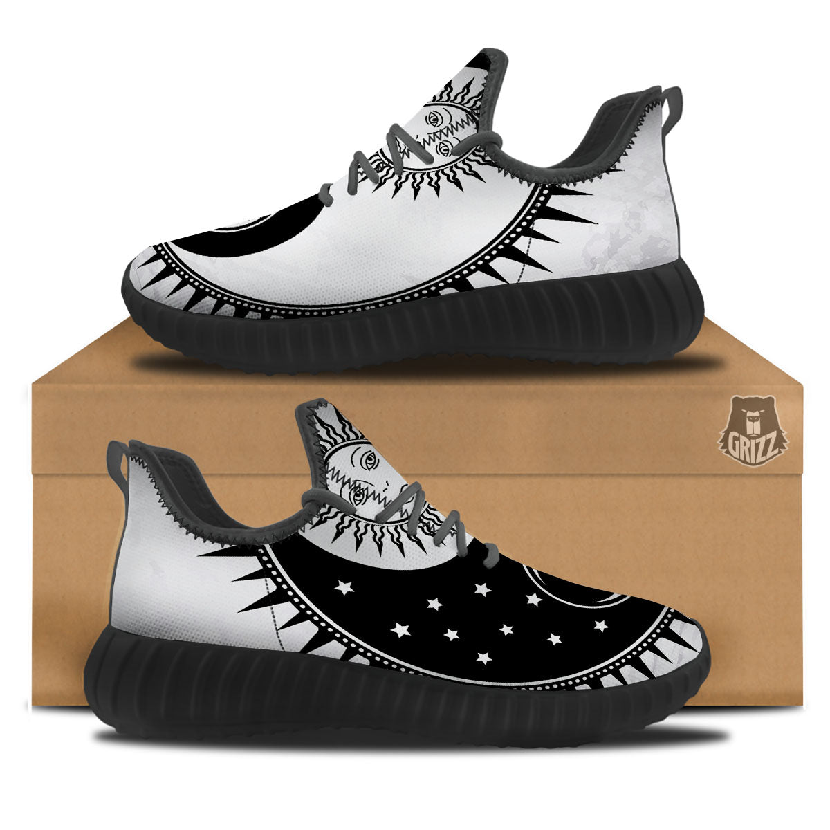 Yin Yang Sun White And Black Print Black Walking Shoes-grizzshop