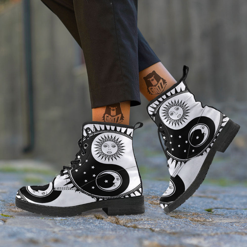Yin Yang Sun White And Black Print Leather Boots-grizzshop