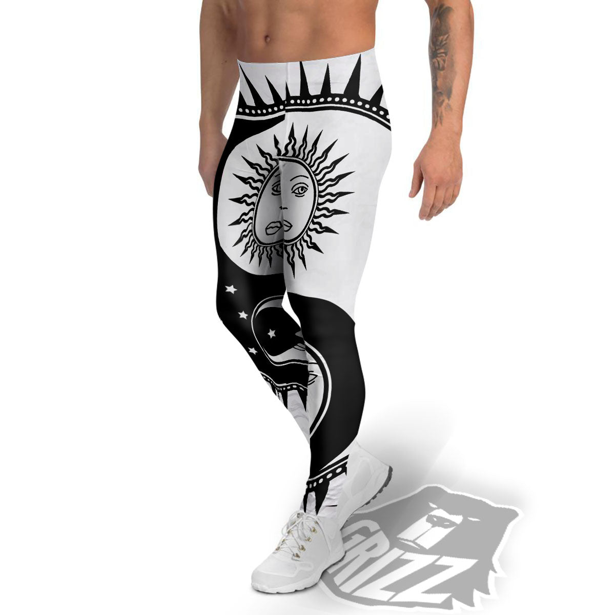 Yin Yang Sun White And Black Print Men's Leggings-grizzshop