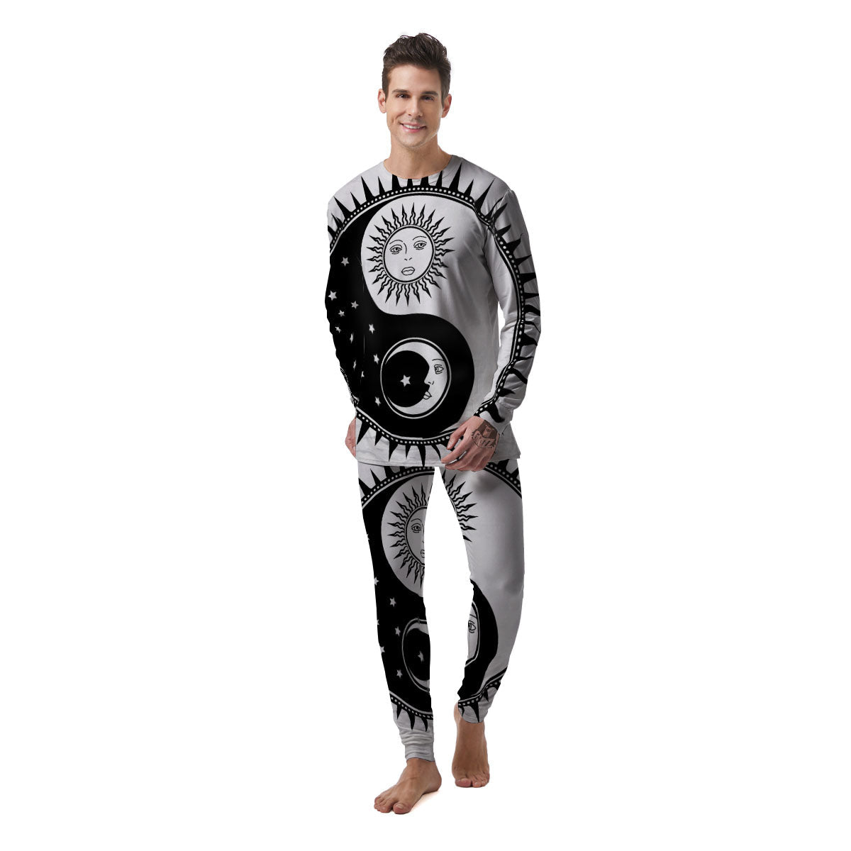 Yin Yang Sun White And Black Print Men's Pajamas-grizzshop