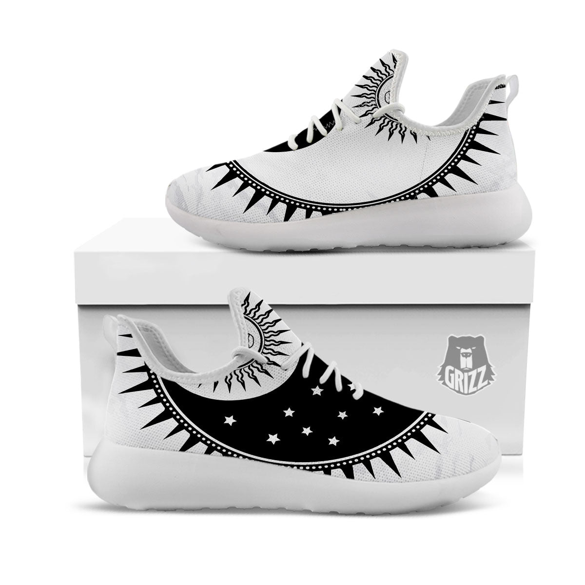 Yin Yang Sun White And Black Print White Athletic Shoes-grizzshop